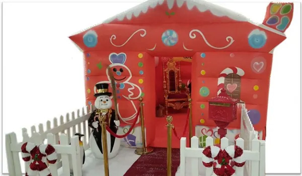 Gingerbread Grotto Gingerbread Grotto One of the worlds first inflatable gingerbread house, the size is 15ft x 12ft and is available on a nationwide delivery service.
